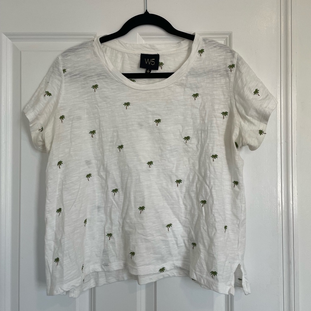 W5 White Tee with Green Palm Tree Embroidery